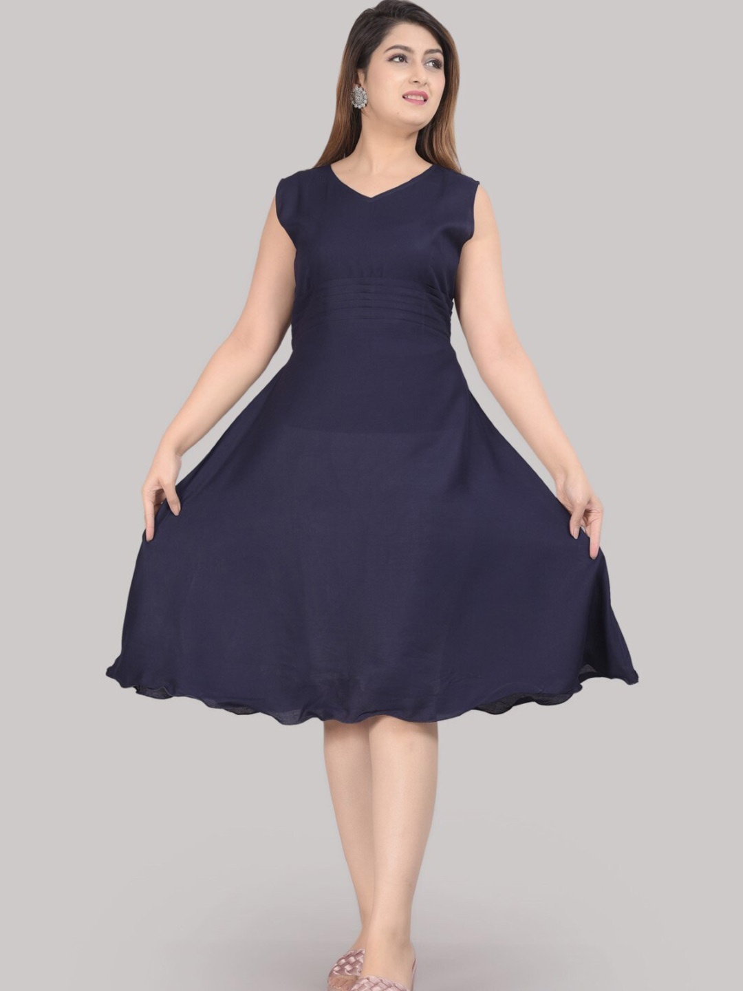 

SIPET V-Neck Pleated Detail Fit & Flare Dress, Navy blue