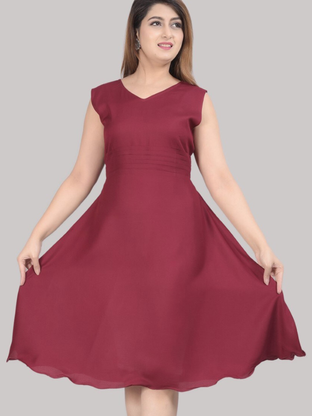 

SIPET V-Neck Pleated Fit & Flare Dress, Maroon