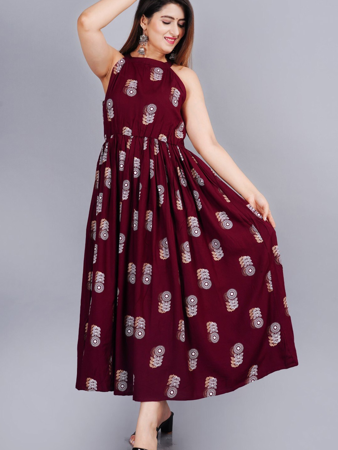 

SIPET Ethnic Motifs Printed Halter Neck Fit & Flare Midi Ethnic Dress, Maroon