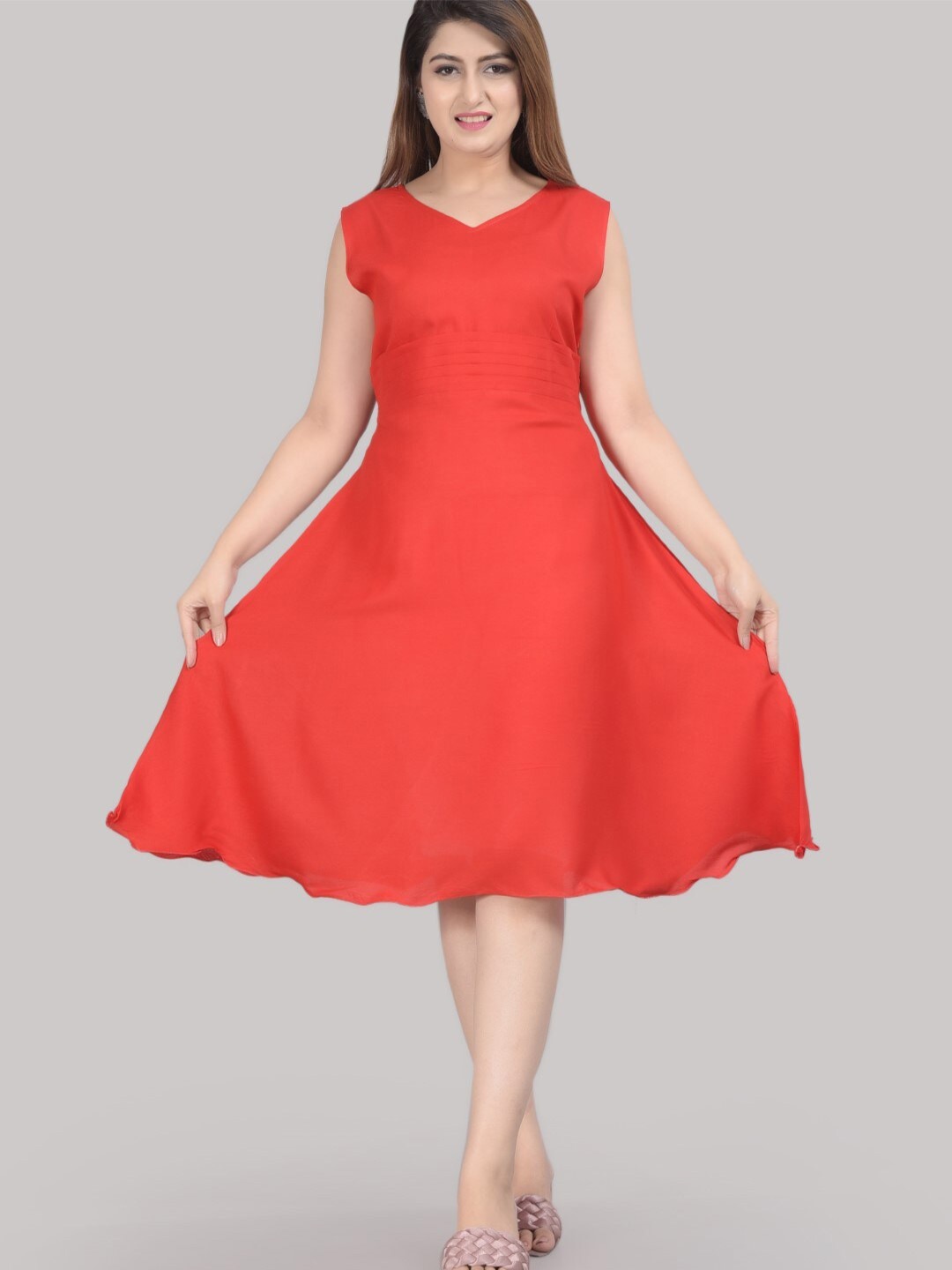 

SIPET V-Neck Pleated Detail Fit & Flare Dress, Red