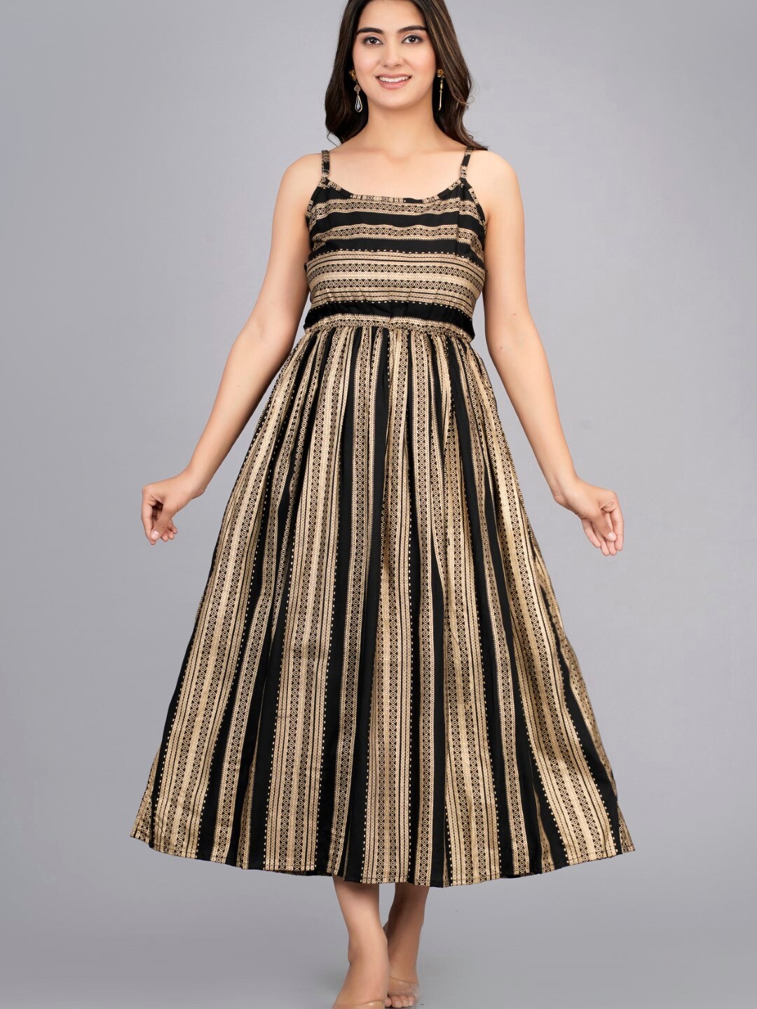 

SIPET Striped Gathered Fit & Flare Midi Dress, Black