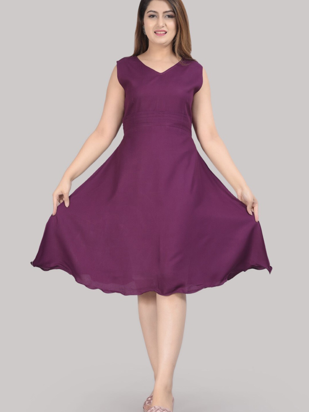 

SIPET V-Neck Pleated Detail Fit & Flare Dress, Purple