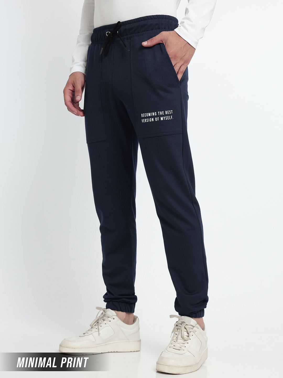 

Beyoung Men Printed Pocket Knitted Cotton Mid Rise Joggers, Navy blue