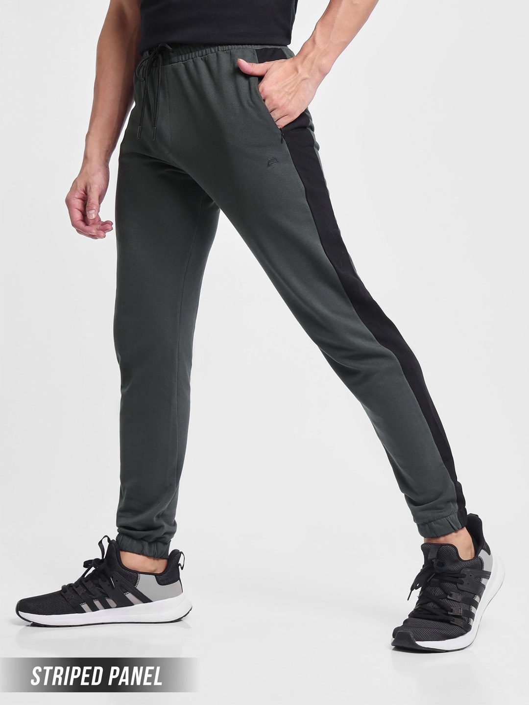 

Beyoung Men Striped Panel Knitted Pure Cotton Mid-Rise Joggers, Grey