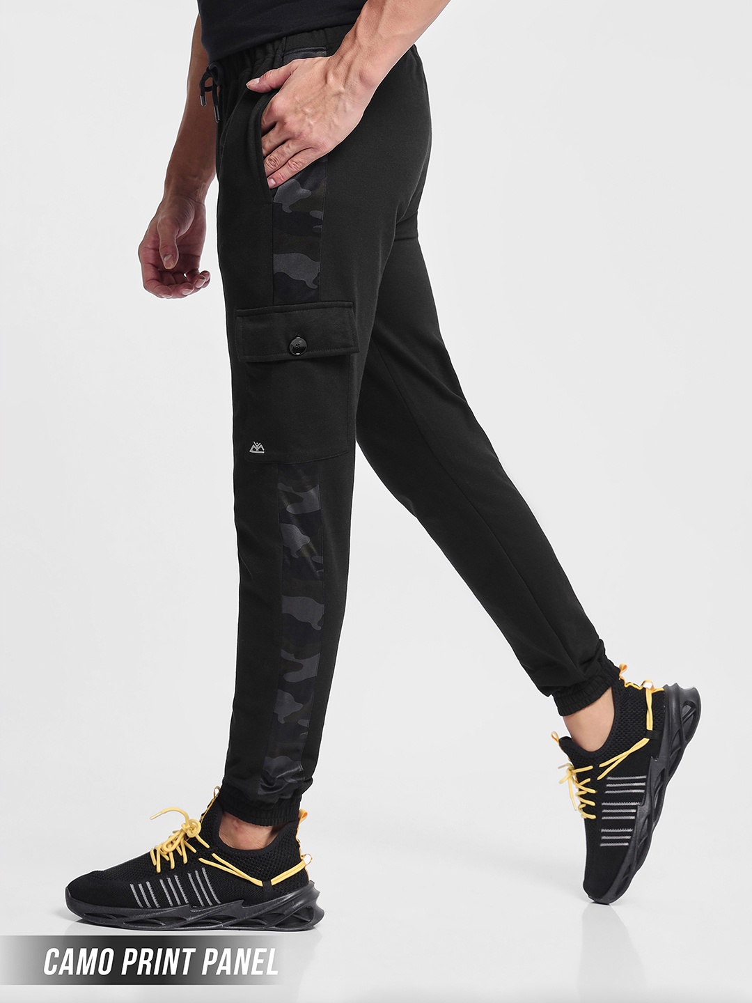 

Beyoung Men Camouflage Printed Knitted Cotton Mid Rise Joggers, Black
