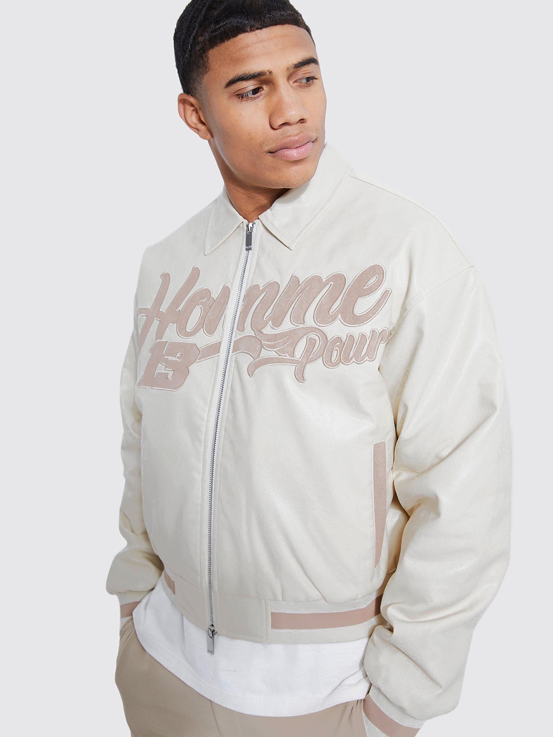 

boohooMAN Typography Detail Boxy Fit Bomber Jacket, White