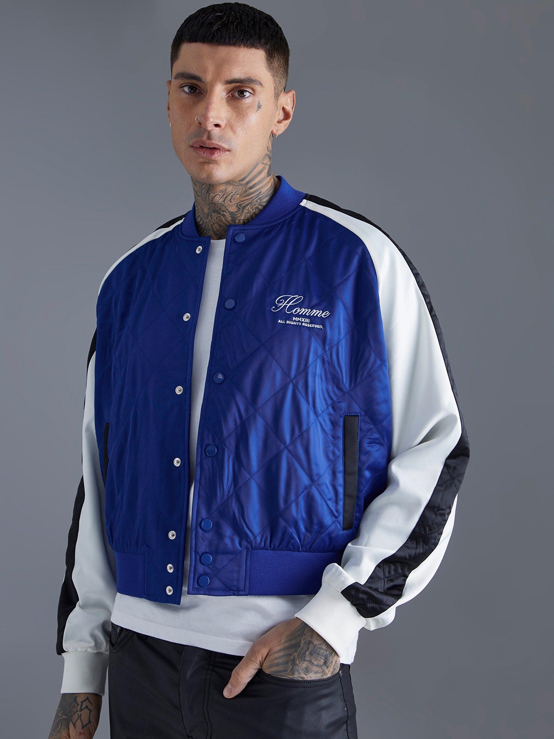 

boohooMAN Quilted Detail Bomber Jacket, Blue