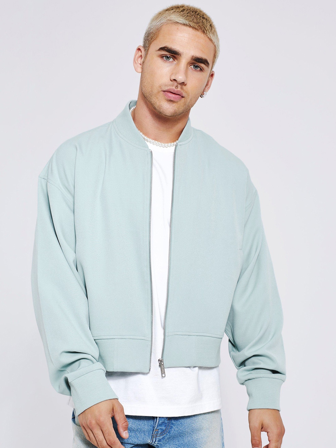 

boohooMAN Boxy Bomber Jacket, Blue