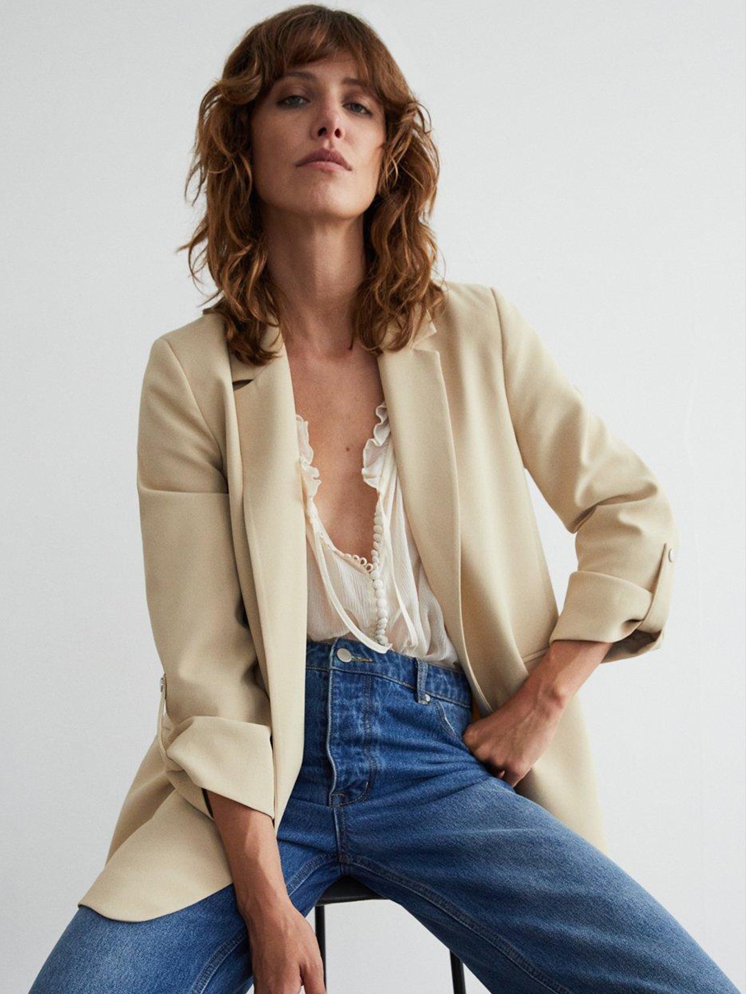 

WAREHOUSE Relaxed Fit Front-Open Blazer, Cream