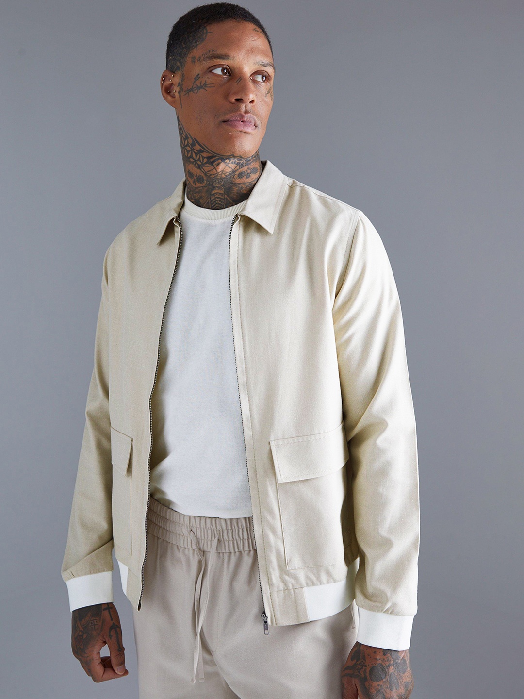 

boohooMAN Collard Bomber Jacket, Off white