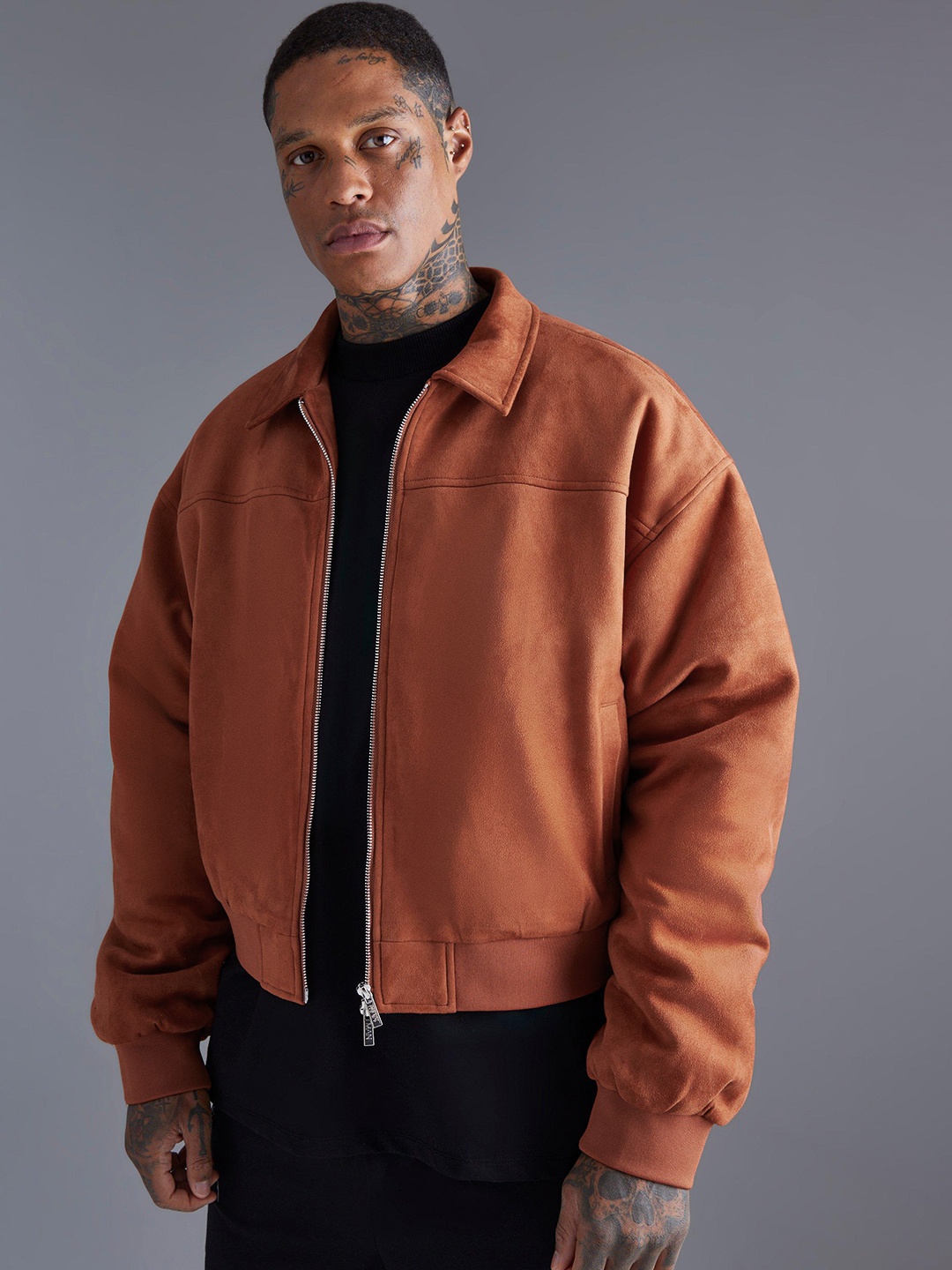 

boohooMAN Collard Boxy Bomber Jacket, Rust
