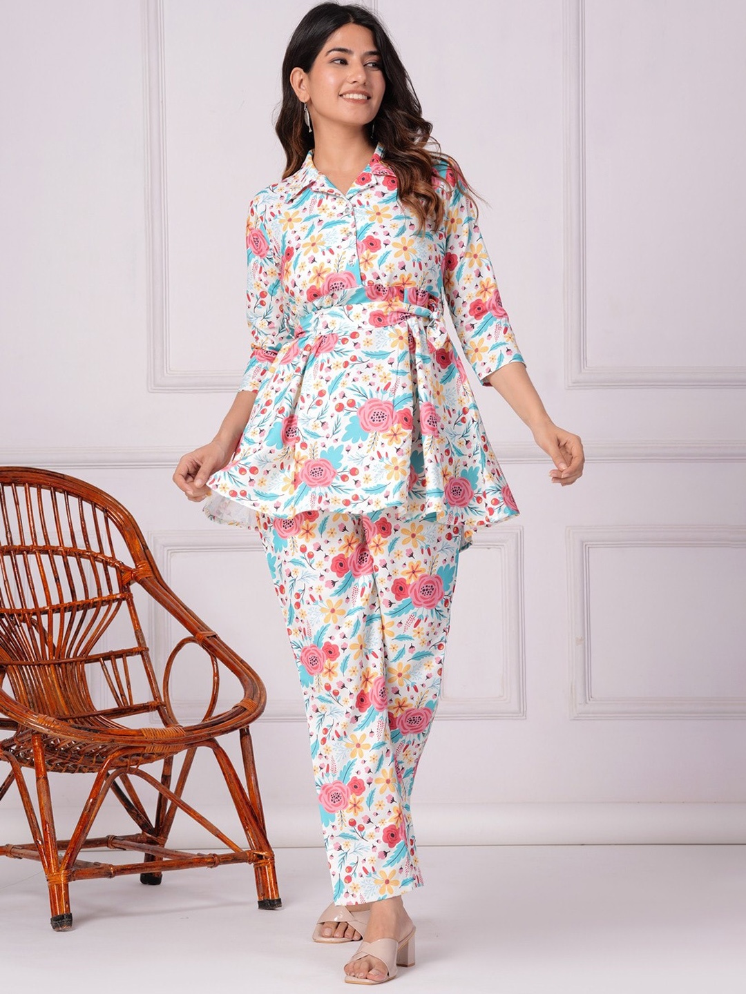 

KALINI Floral Printed Shirt Collar Top With Tie Up Belt And Printed Trousers Co-Ords, White