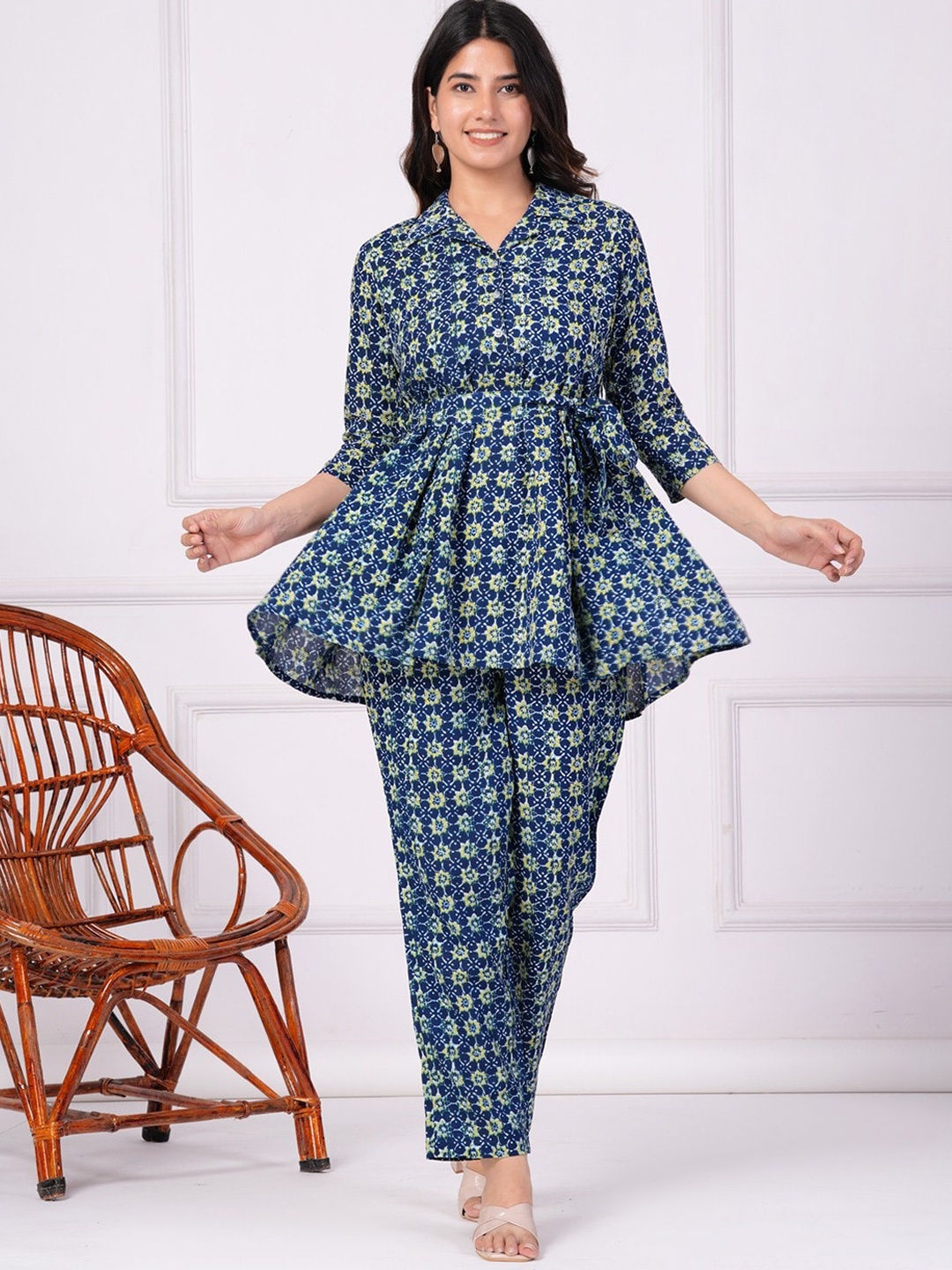 

KALINI Printed Shirt Collar Top With Tie up Belt And Printed Trousers Co-Ords, Blue