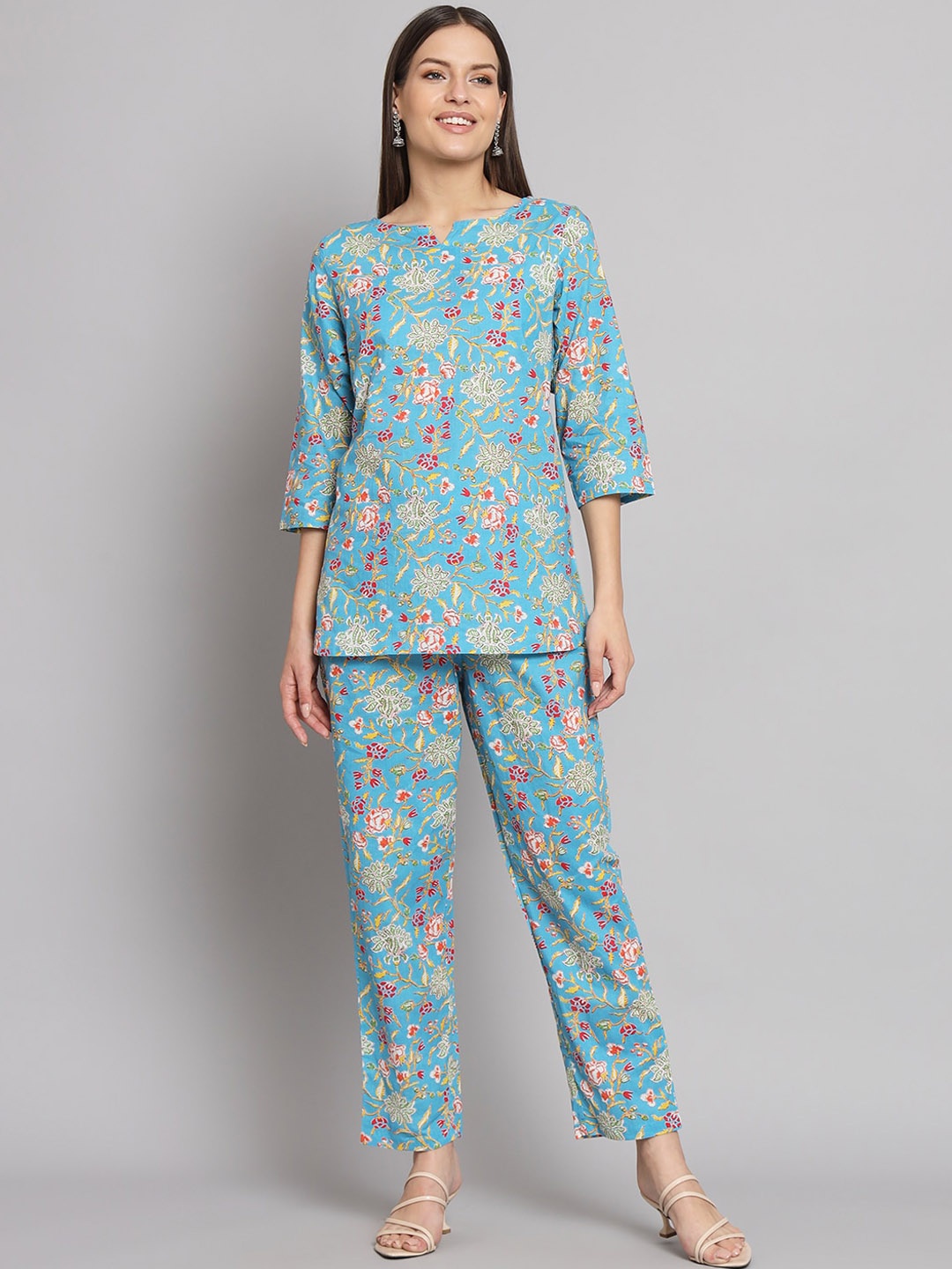 

KALINI Printed V-Neck Top With Printed Trousers, Blue