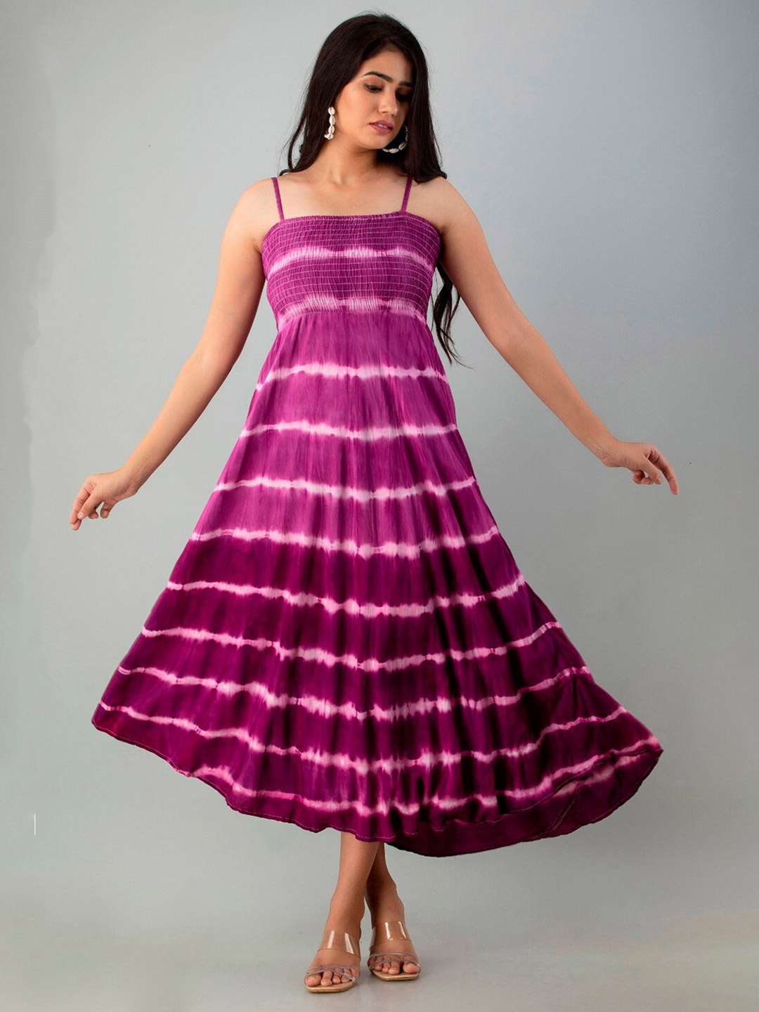 

KALINI Tie & Dye Dyed Shoulder Straps Smocked Fit & Flare Holi Dress, Purple