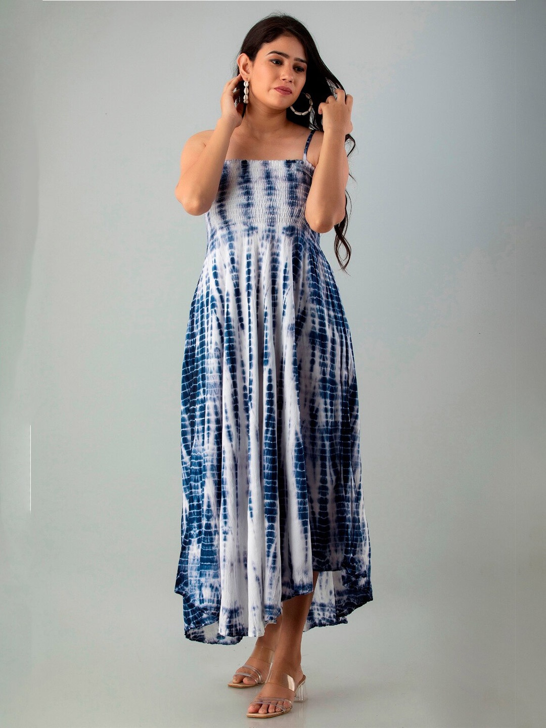 

KALINI Tie and Dye Dyed Shoulder Straps Smocked Fit & Flare Dress, Blue