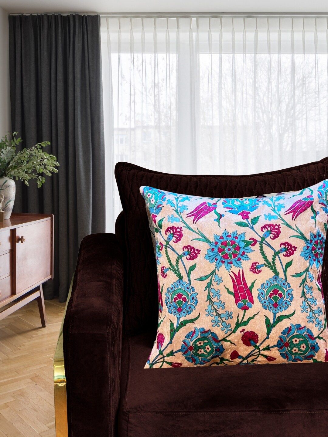 

Tasseled Home Turquoise Blue & Green Floral Square Cushion Cover