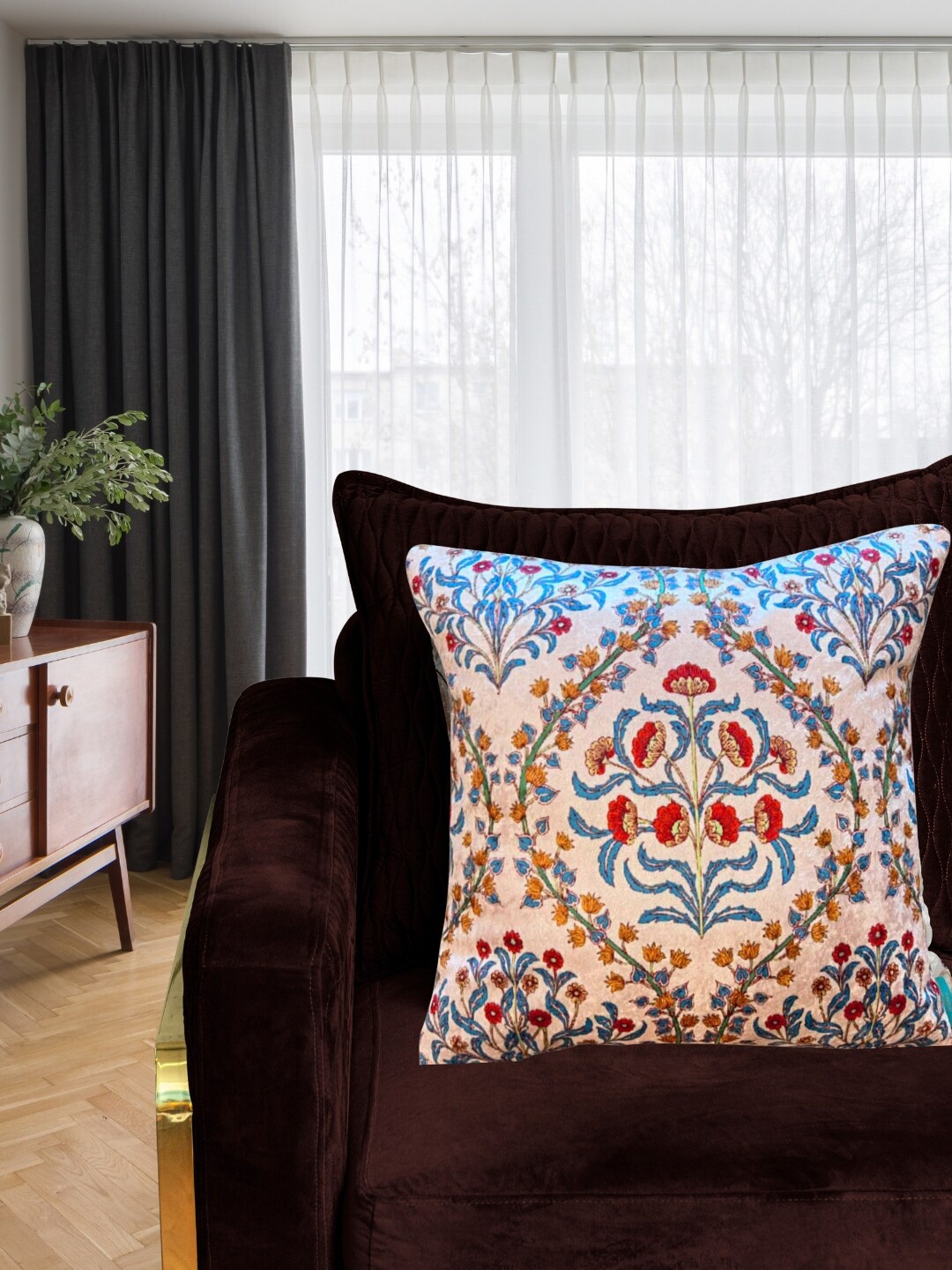 

Tasseled Home Yellow & Blue Floral Square Cushion Cover