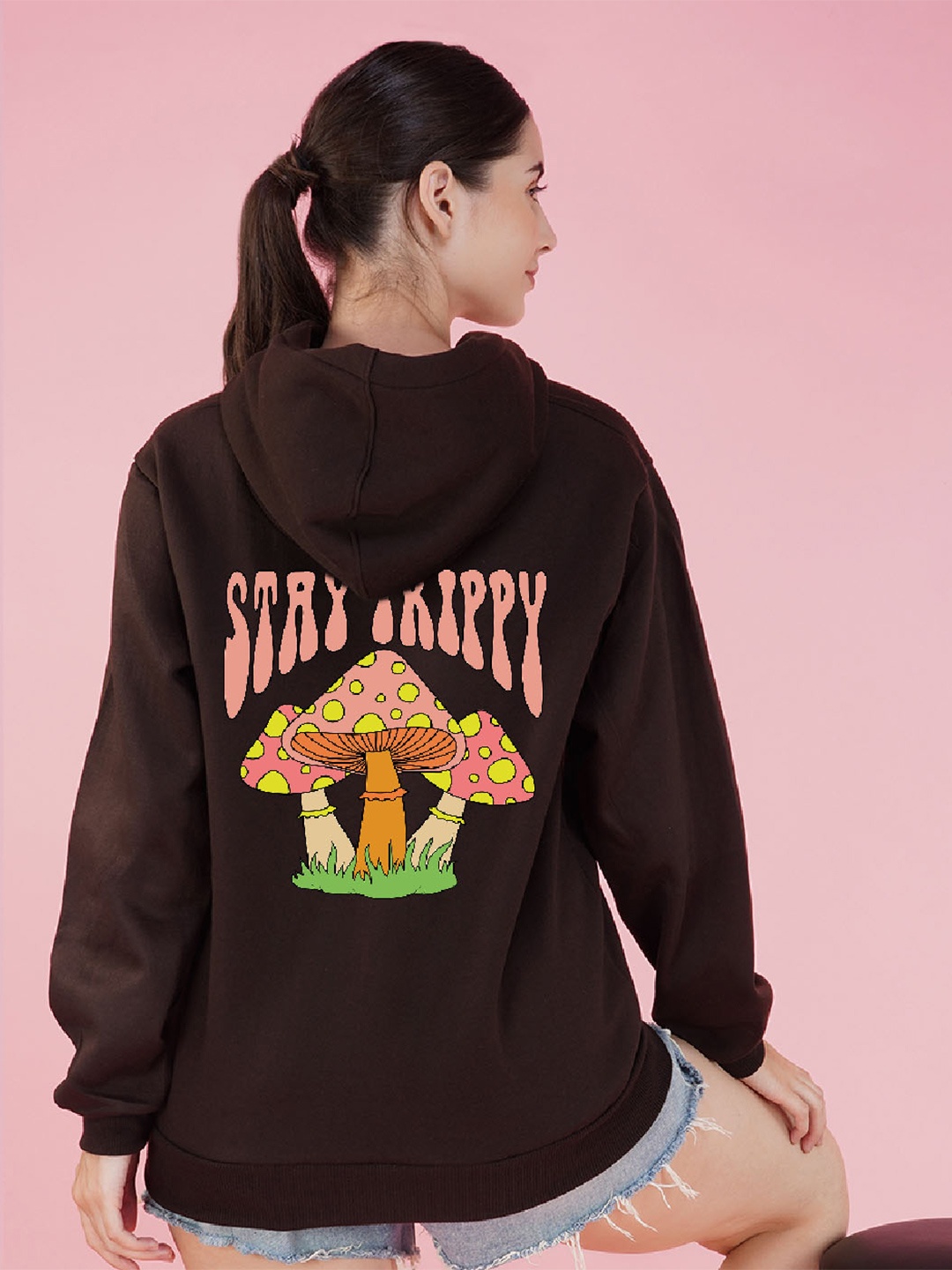 

NUSYL Graphic Printed Hooded Oversized Sweatshirt, Brown