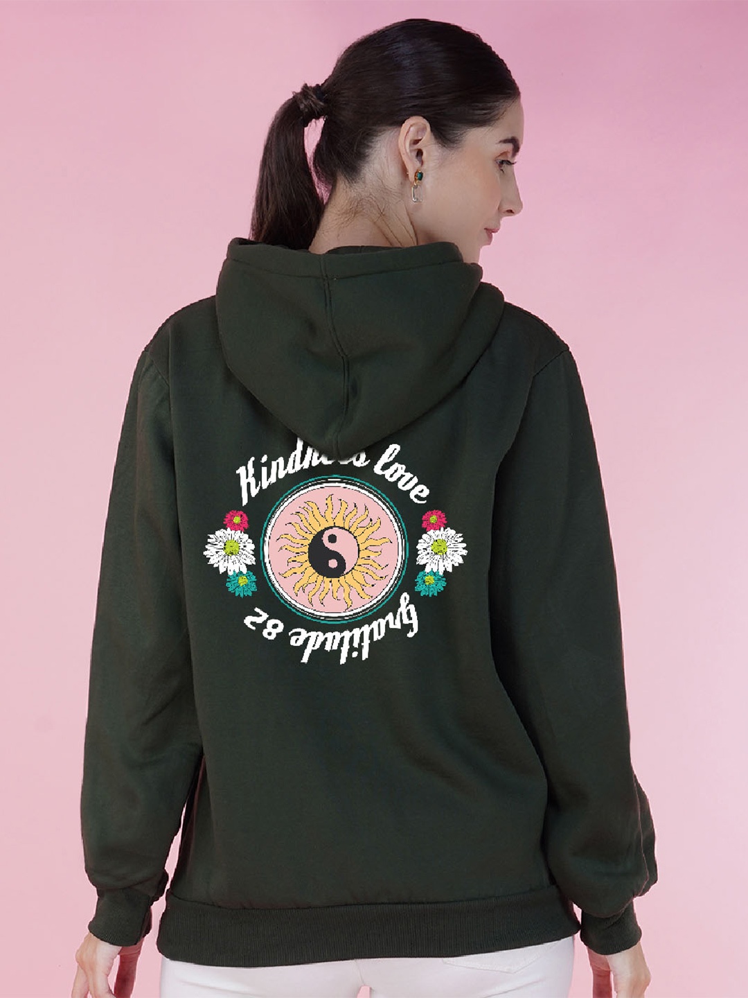 

NUSYL Typography Printed Hooded Longline Oversized Sweatshirt, Olive