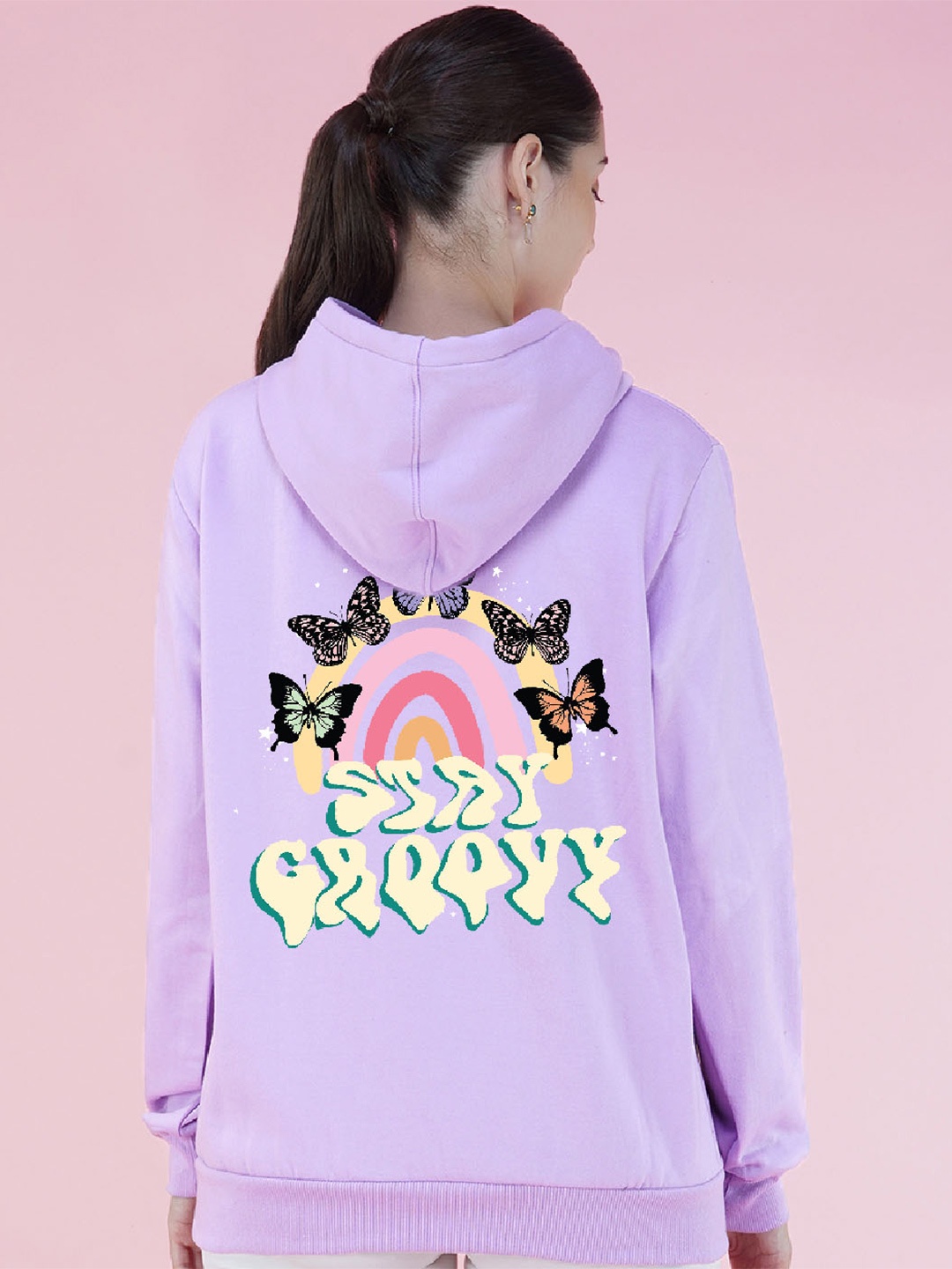 

NUSYL Typography Printed Hooded Longline Oversized Sweatshirt, Purple