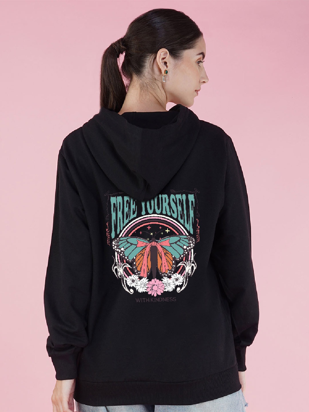 

NUSYL Typography Printed Hooded Oversized Fleece Sweatshirt, Black