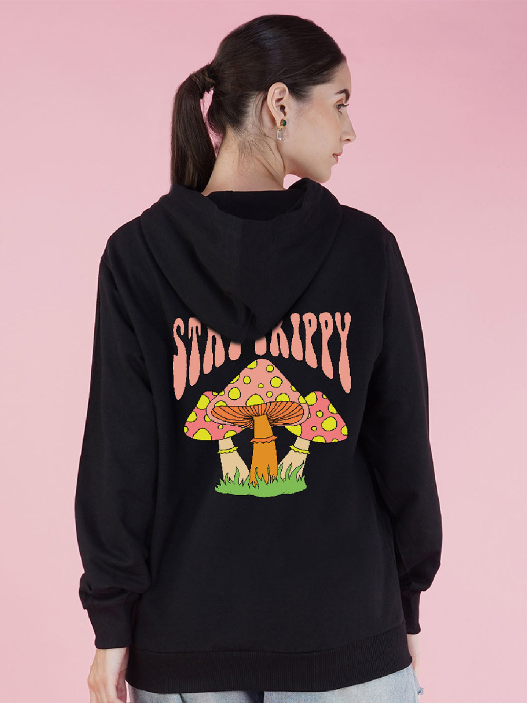 

NUSYL Graphic Printed Oversized Ribbed Hooded Pullover Sweatshirt, Black