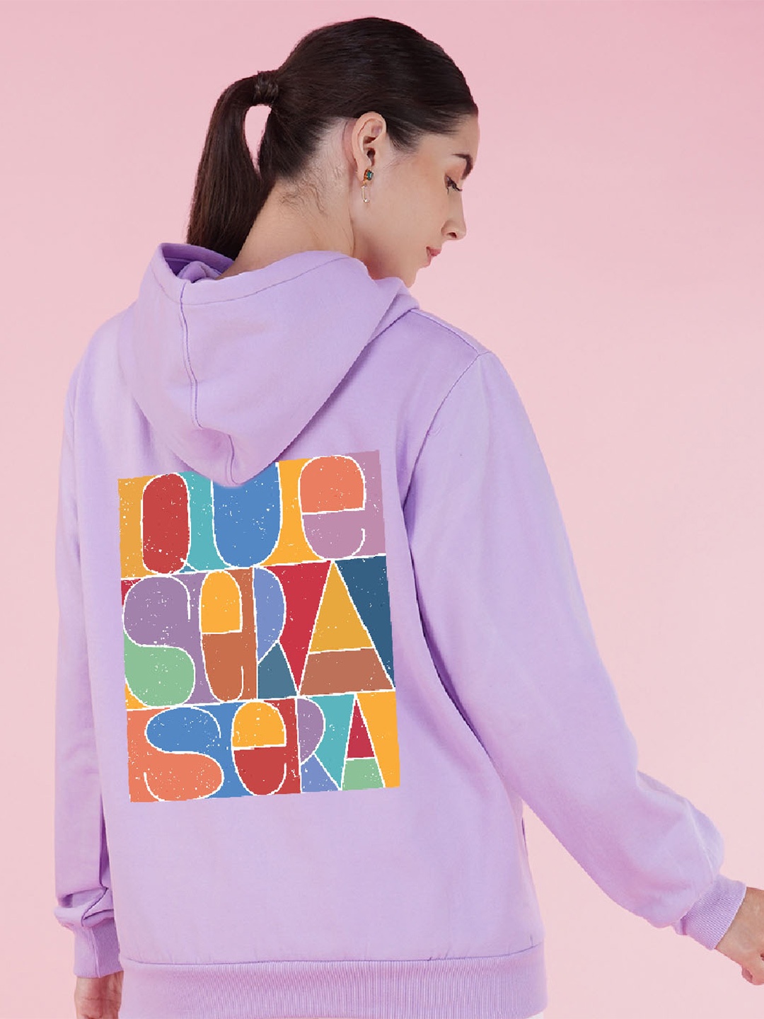 

NUSYL Typography Printed Oversized Fleece Hooded Sweatshirt, Violet