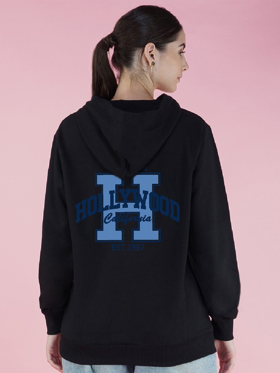 

NUSYL Alphanumeric Printed Oversized Fleece Hooded Pullover Sweatshirt, Black