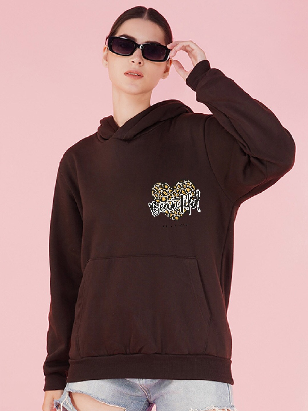 

NUSYL Typography Printed Hooded Longline Oversized Sweatshirt, Brown