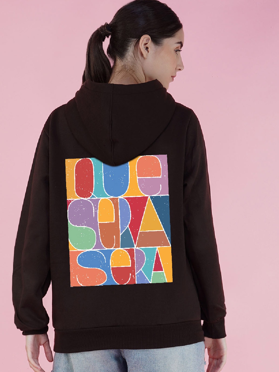 

NUSYL Typography Printed Hooded Longline Oversized Sweatshirt, Brown