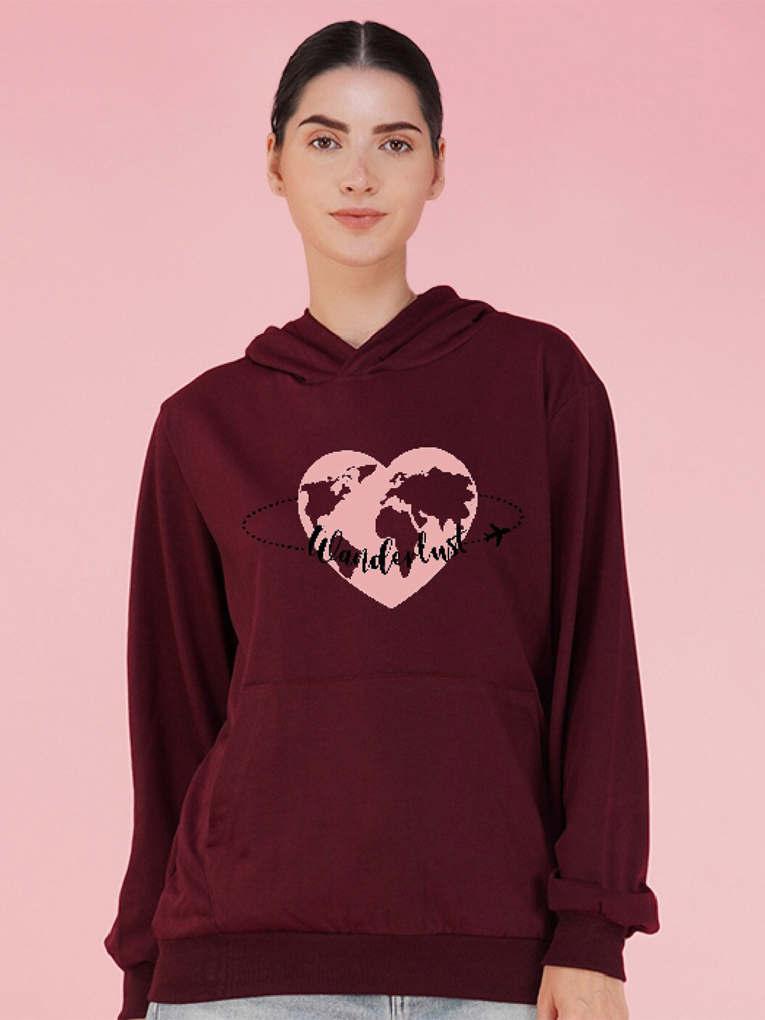 

NUSYL Graphic Printed Oversized Fleece Hooded Sweatshirt, Burgundy
