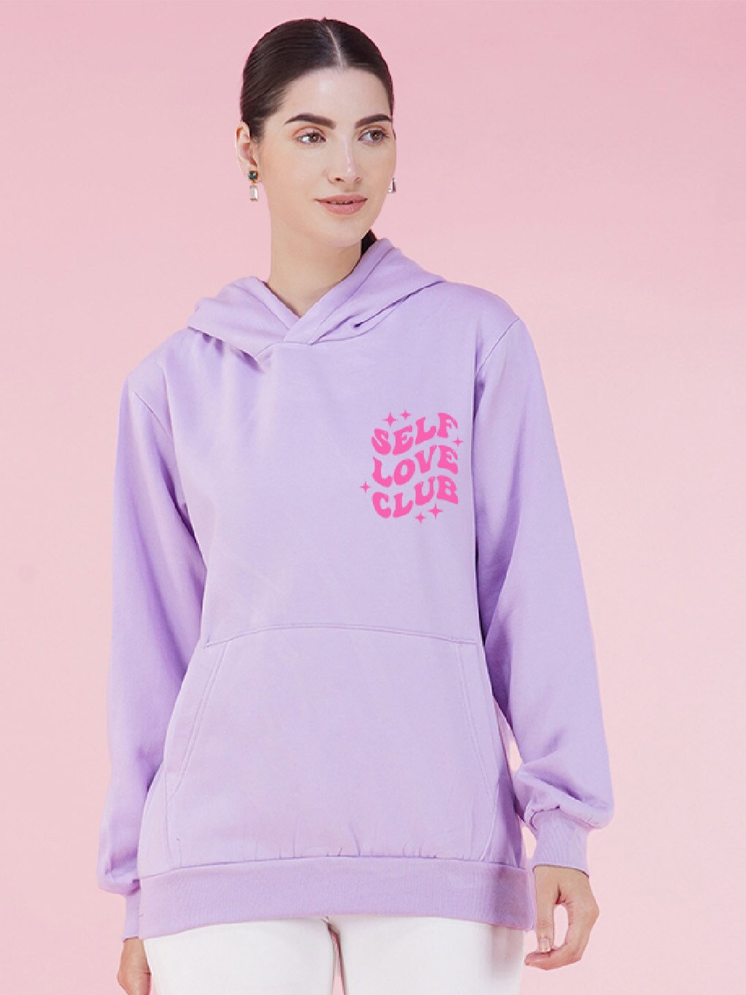 

NUSYL Typography Printed Oversized Fleece Hooded Sweatshirt, Violet