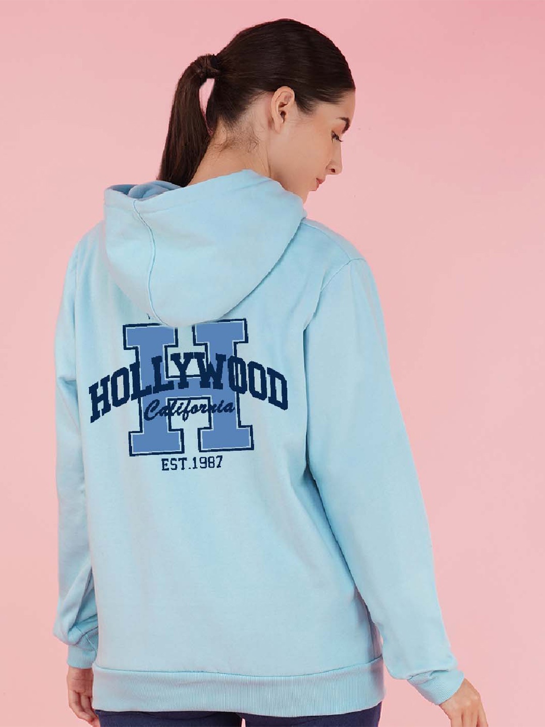 

NUSYL Typography Printed Oversized Fleece Hooded Sweatshirt, Blue