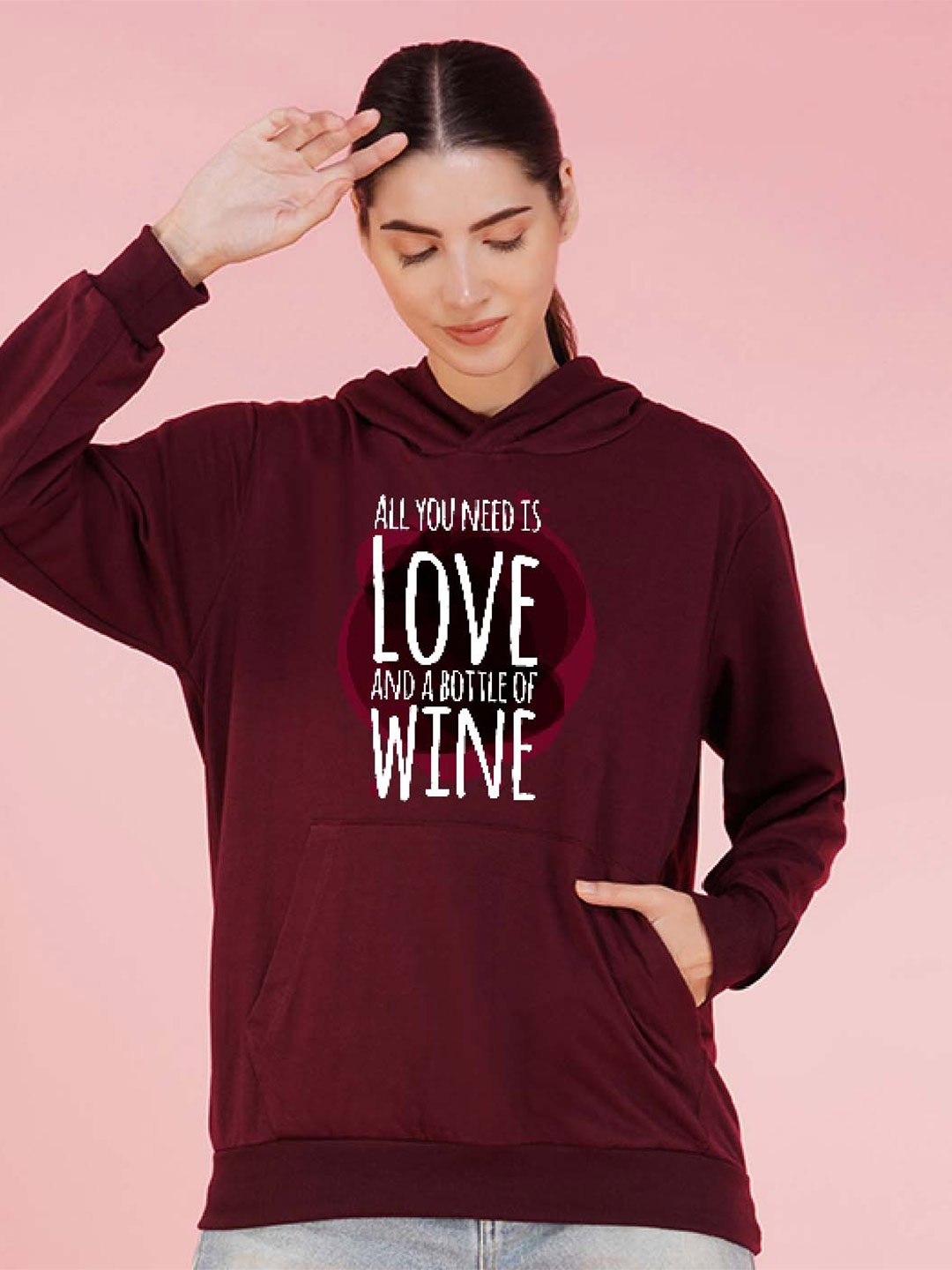 

NUSYL Typography Printed Hooded Oversized Fleece Sweatshirt, Burgundy