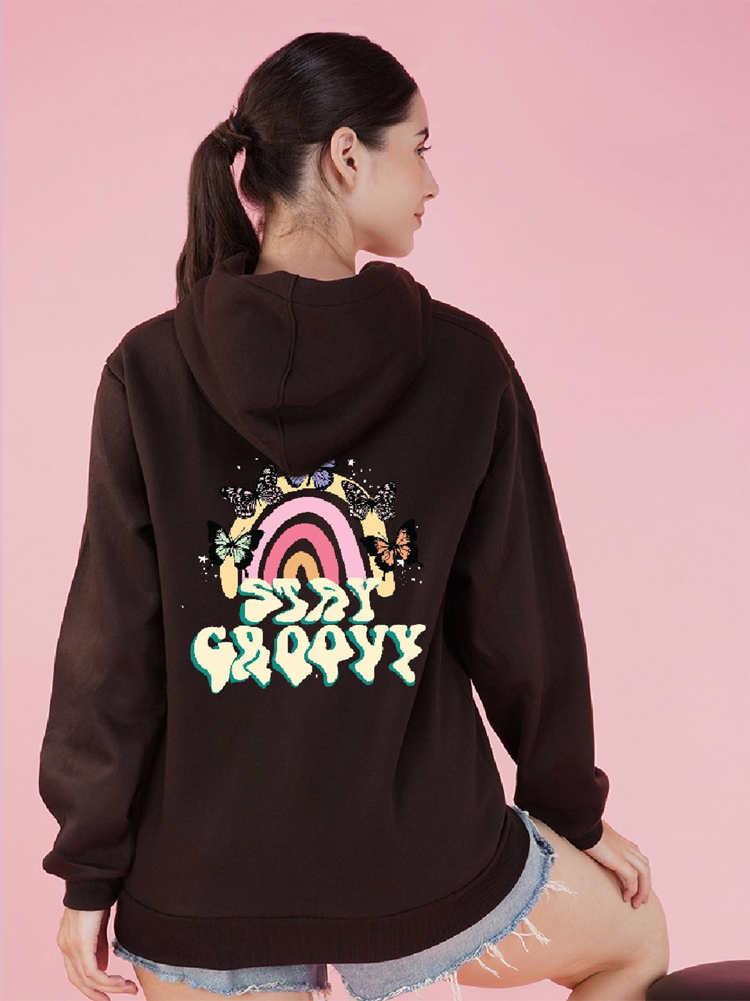 

NUSYL Graphic Printed Hooded Fleece Oversized Sweatshirt, Brown