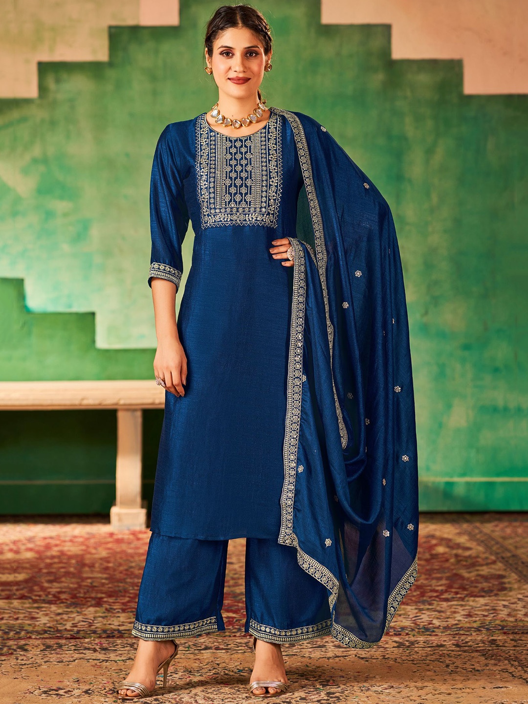 

KALINI Ethnic Motifs Yoke Design Thread Work Straight Kurta With Palazzos & Dupatta, Navy blue