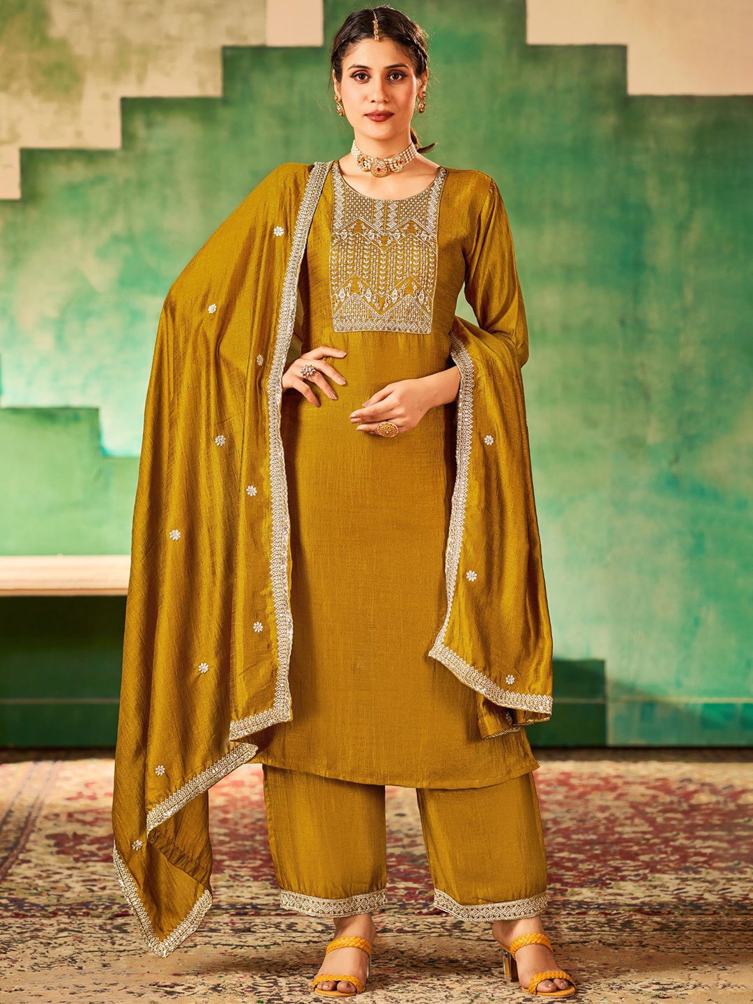 

KALINI Ethnic Yoke Design Thread Work Straight Kurta With Palazzos & Dupatta, Mustard