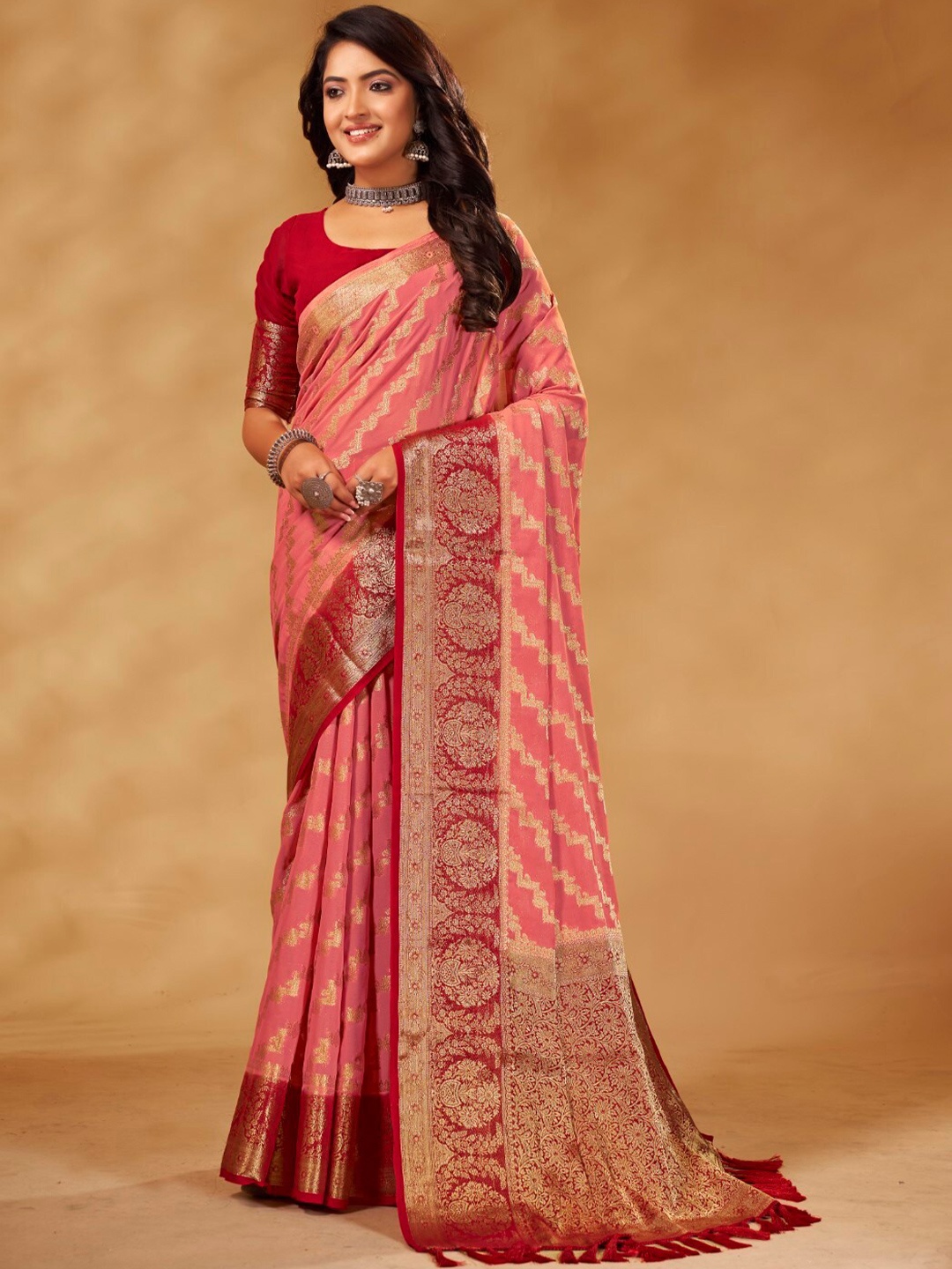 

FLOURIOUS Ethnic Motifs Woven Design Zari Pure Georgette Banarasi Saree, Peach