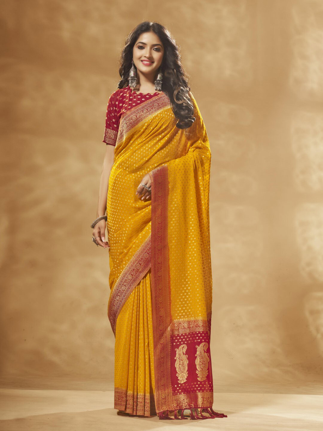 

FLOURIOUS Polka Dot Woven Design Zari Pure Georgette Banarasi Saree, Yellow