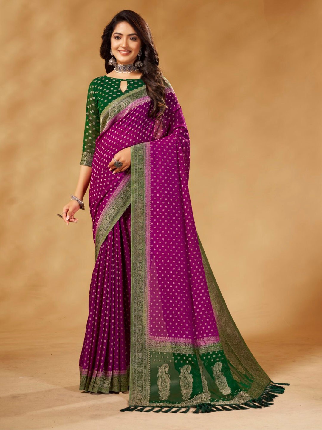 

FLOURIOUS Ethnic Motifs Woven Design Zari Pure Georgette Banarasi Saree, Purple