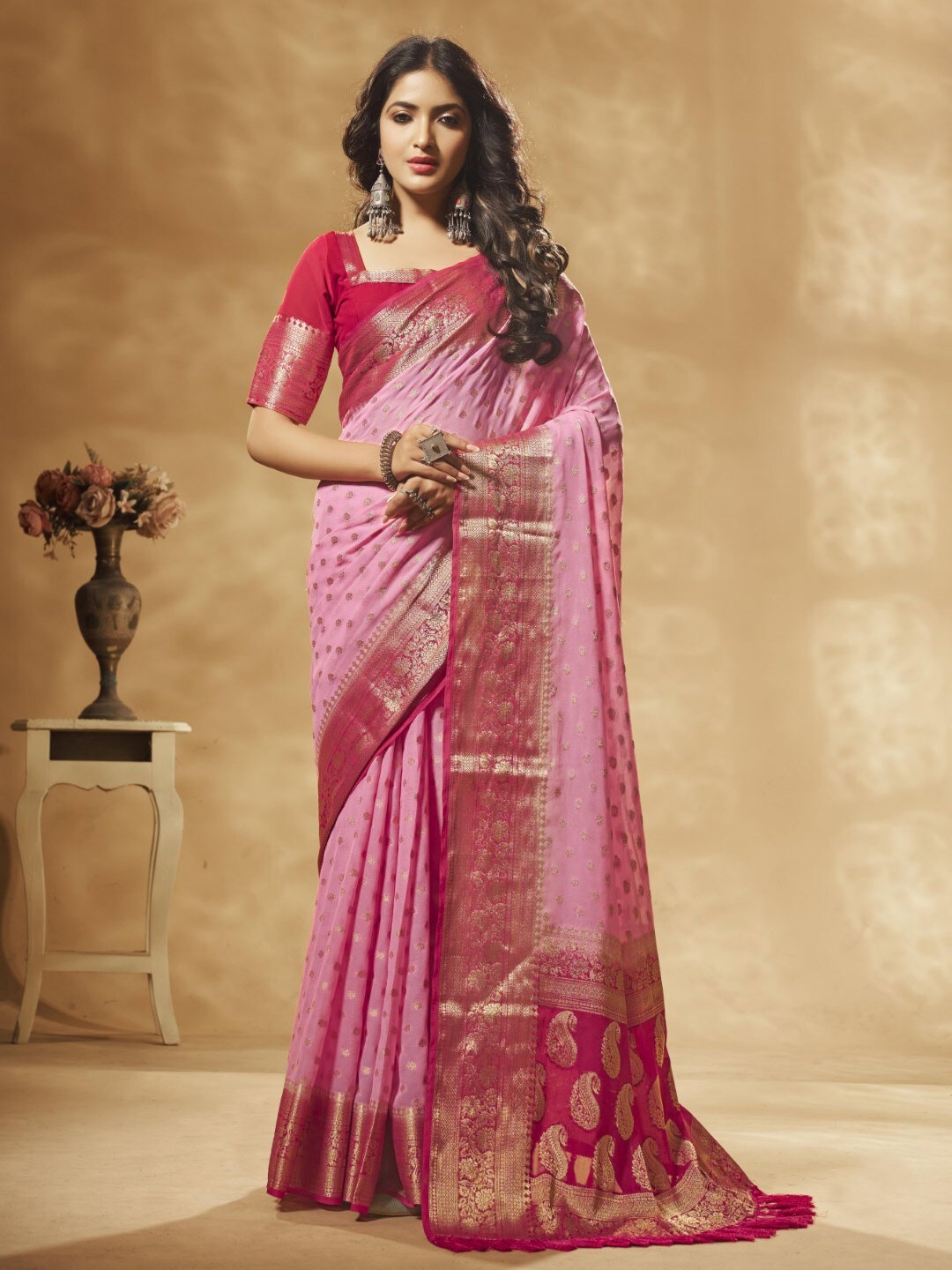 

FLOURIOUS Ethnic Motifs Woven Design Zari Pure Georgette Banarasi Saree, Pink