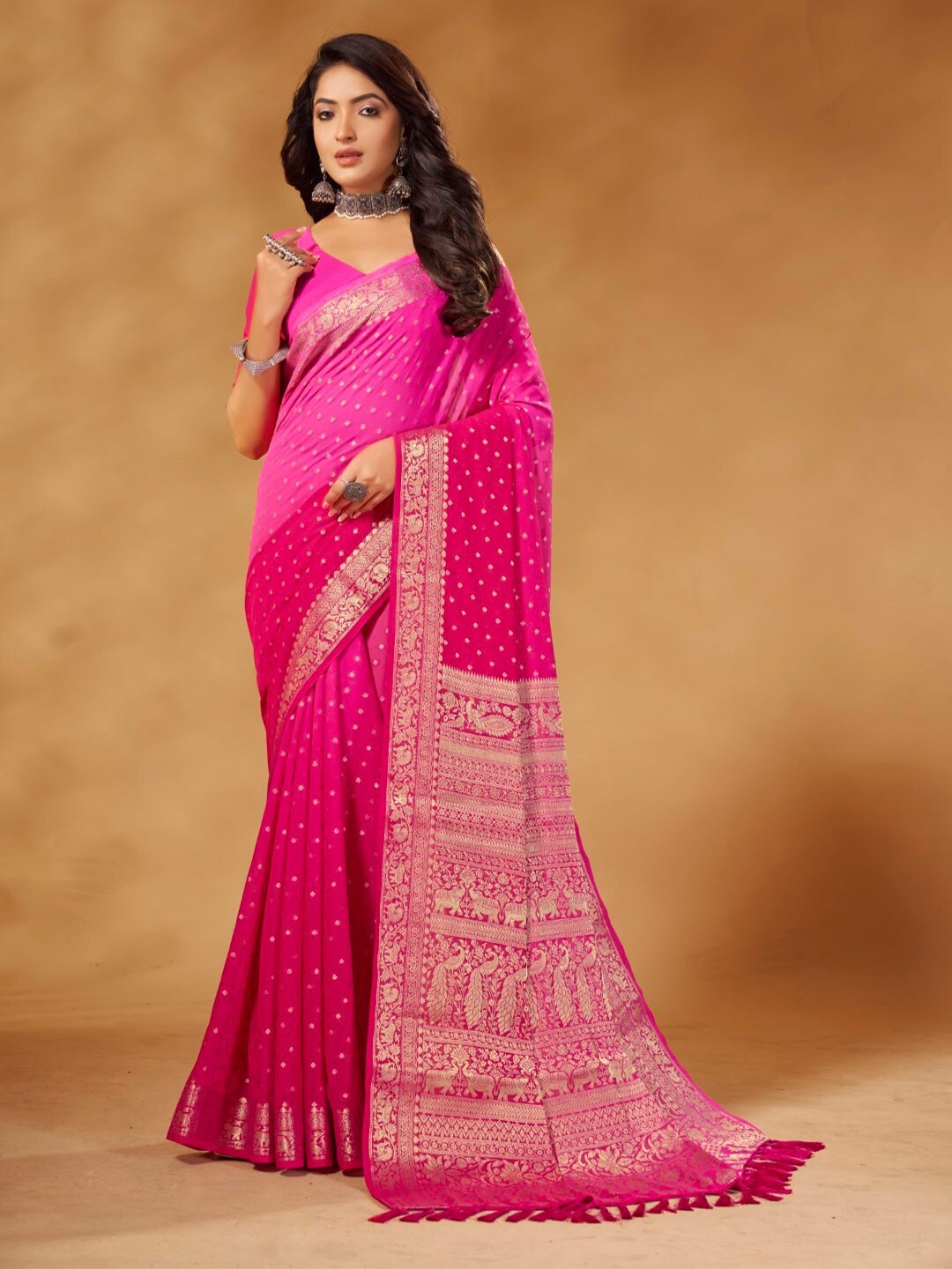 

FLOURIOUS Ethnic Motifs Woven Design Zari Pure Georgette Banarasi Saree, Pink