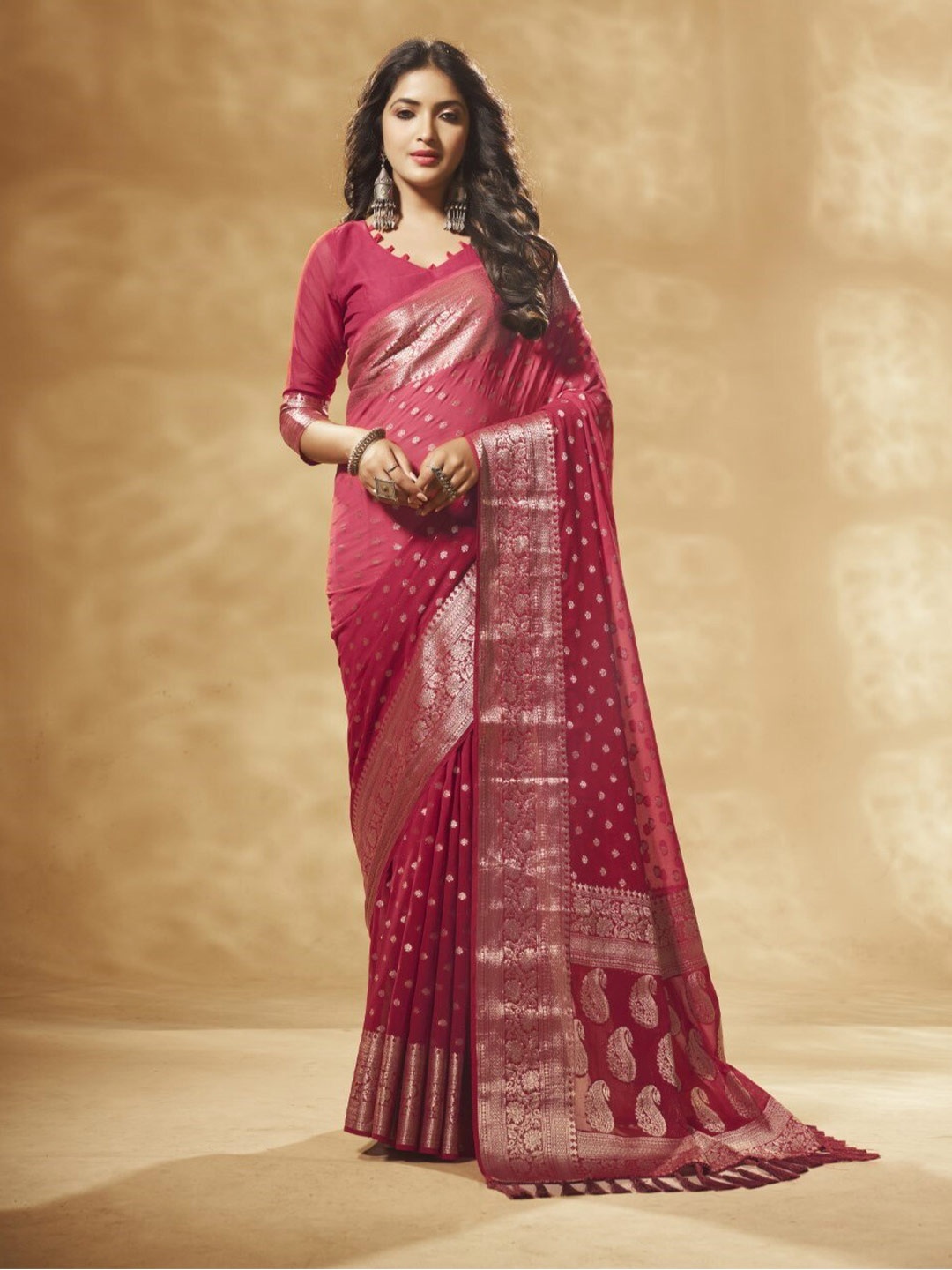 

FLOURIOUS Ethnic Motifs Woven Design Zari Pure Georgette Banarasi Saree, Pink