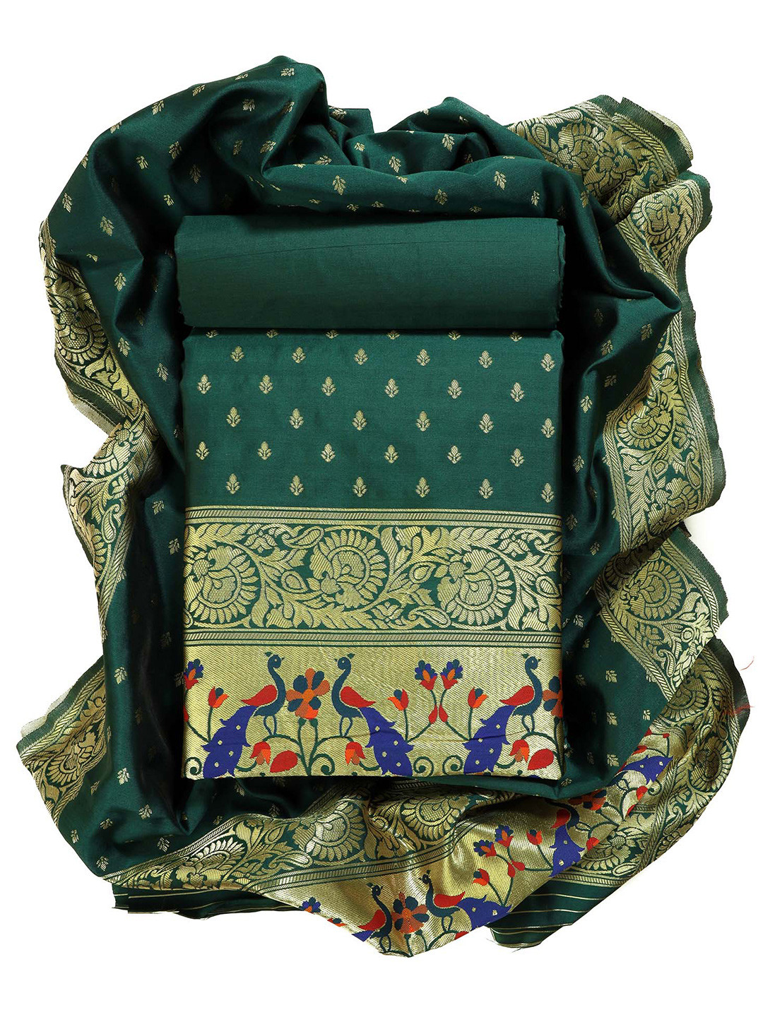 

Sun Fashion And Lifestyle Ethnic Motifs Printed Pure Silk Unstitched Dress Material, Green