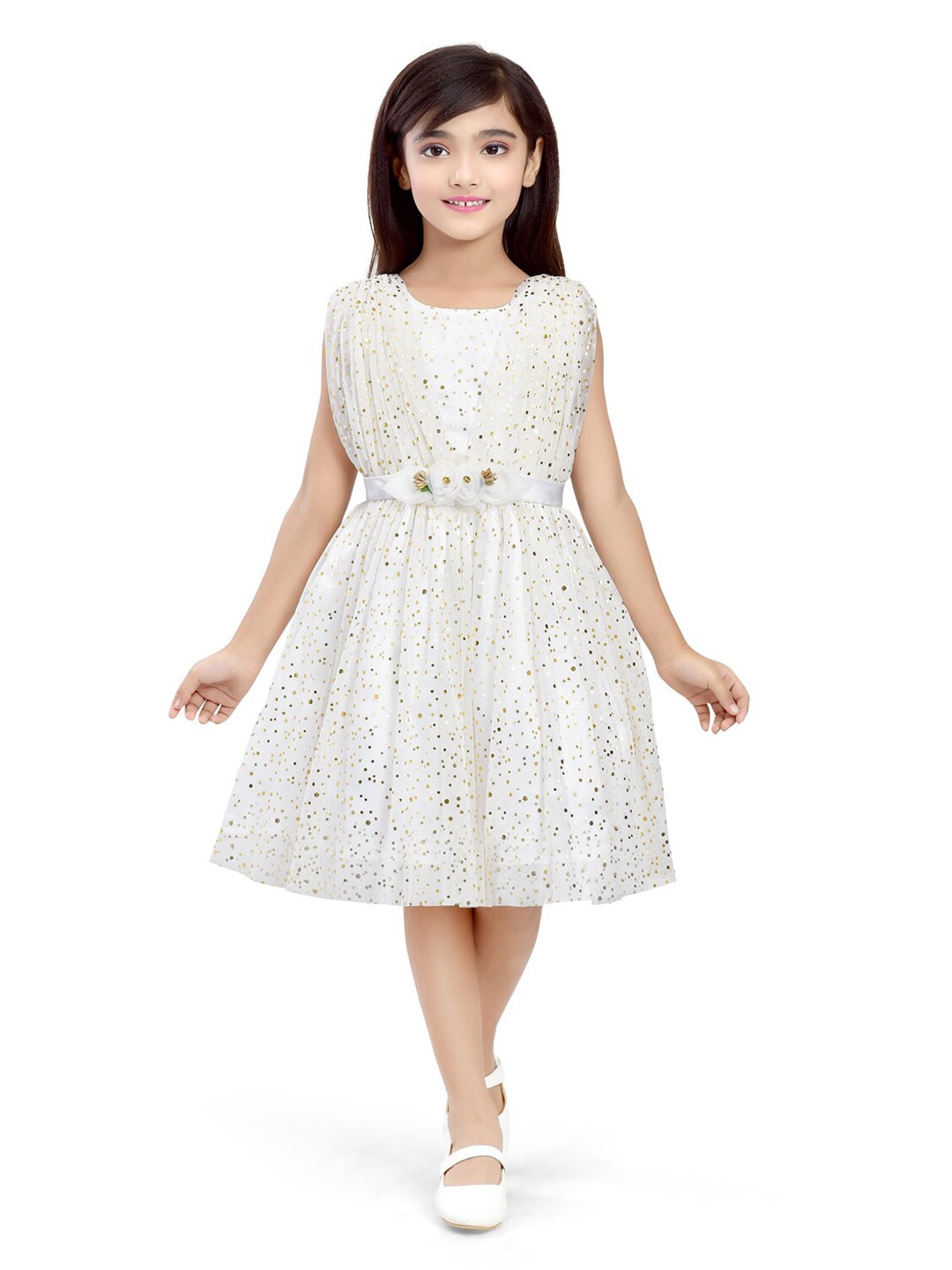 

Doodle Polka dots Printed Sleeveless Net Fit & Flare Dress, Off white