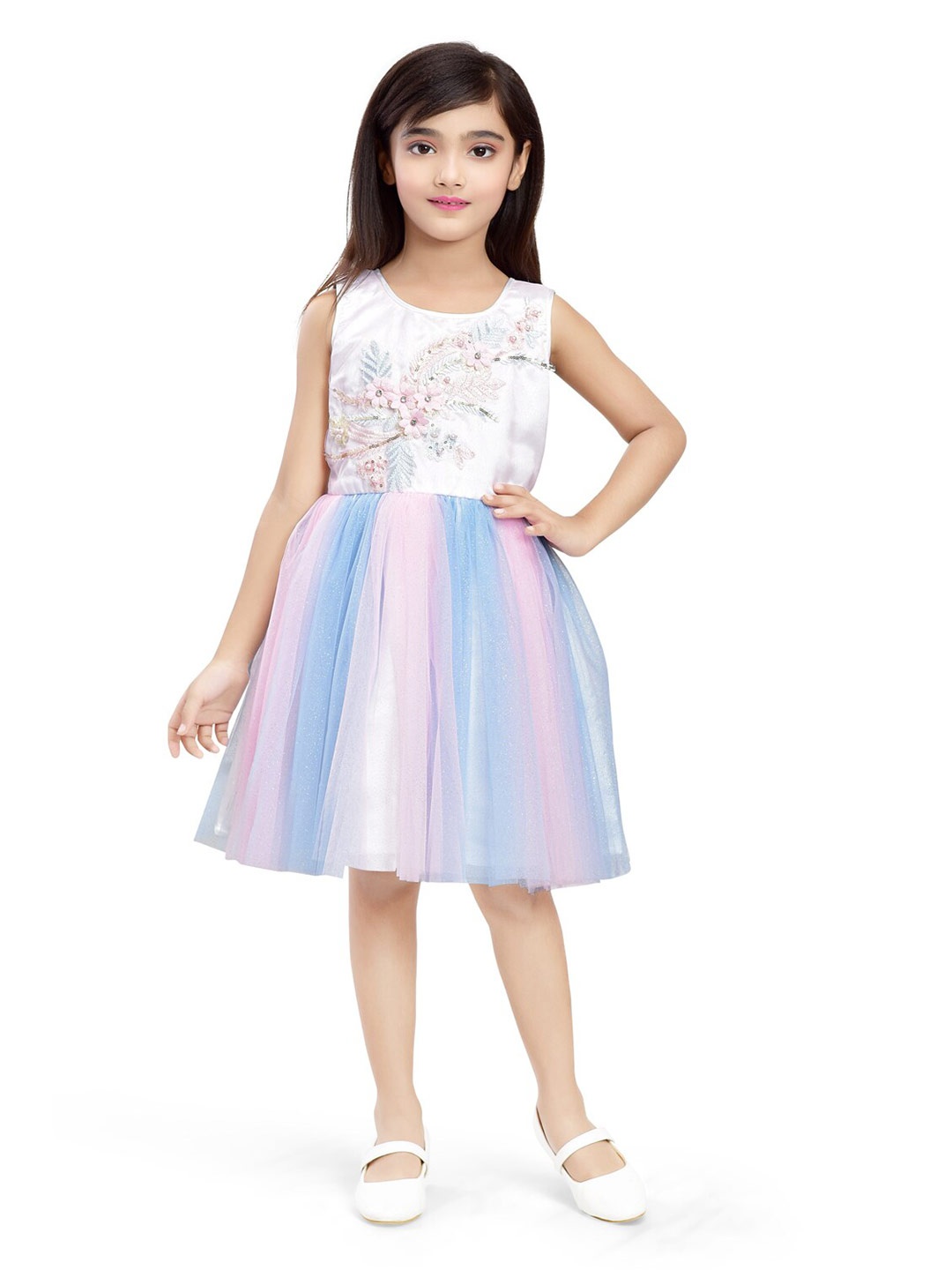 

Doodle Floral Embroidered Net Fit & Flare Dress, Pink