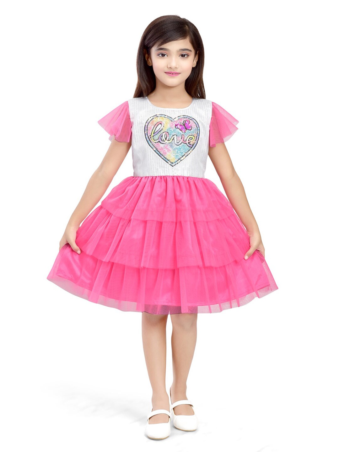 

Doodle Sequinned Embellished Net Fit & Flare Dress, Pink