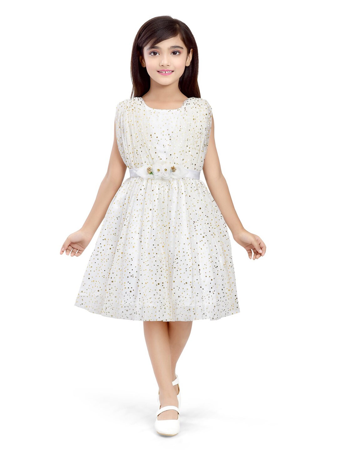 

Doodle Girls Polka Dots Foil Printed Sleeveless Net Fit & Flare Dress, Off white