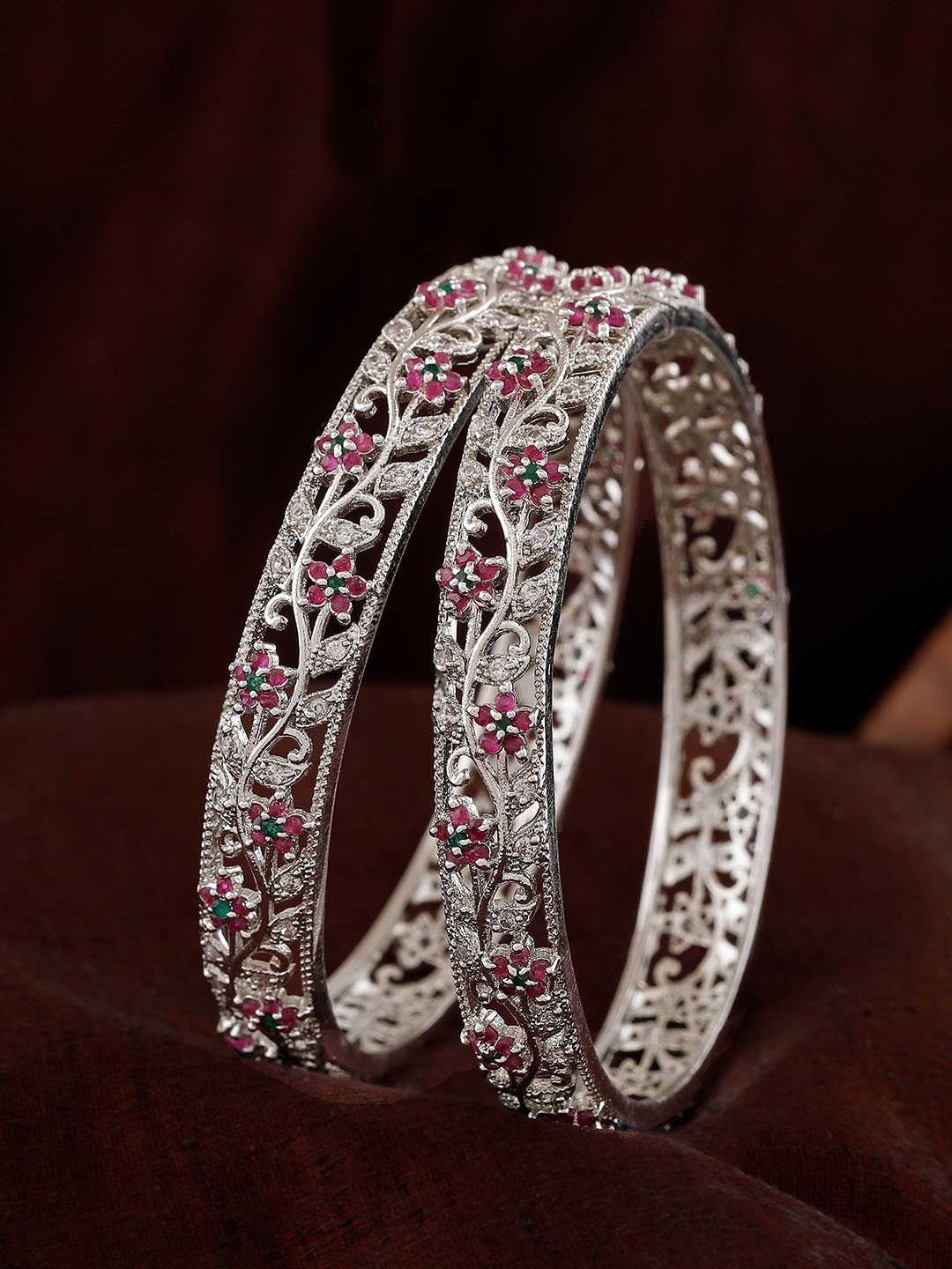 

Estele Set Of 2 Rhodium-Plated Cubic Zirconia Studded Bangles, Silver